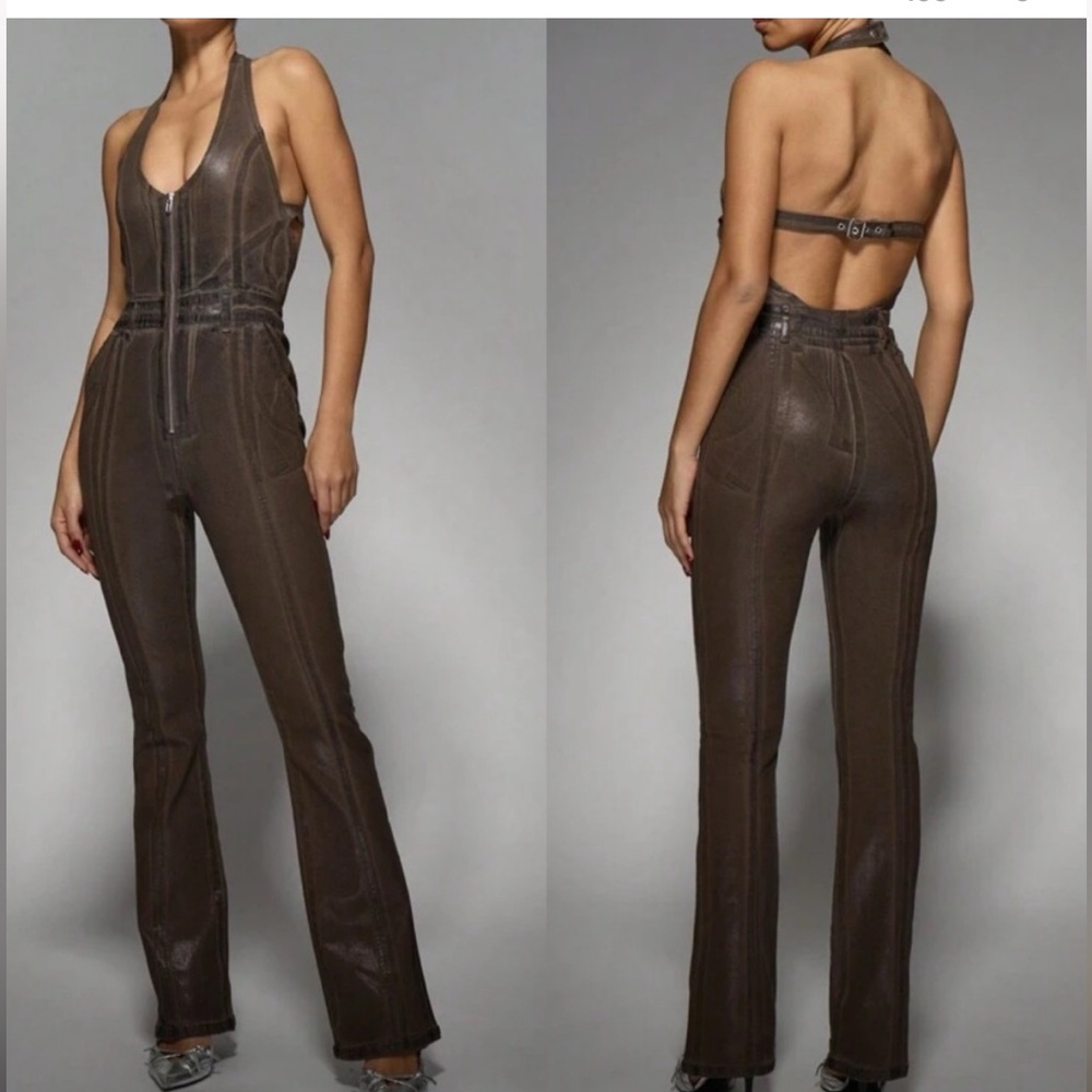 NWT Brown Zipper front Halter Coated Denim Flare
Hem Stretchy thick Jumpsuit